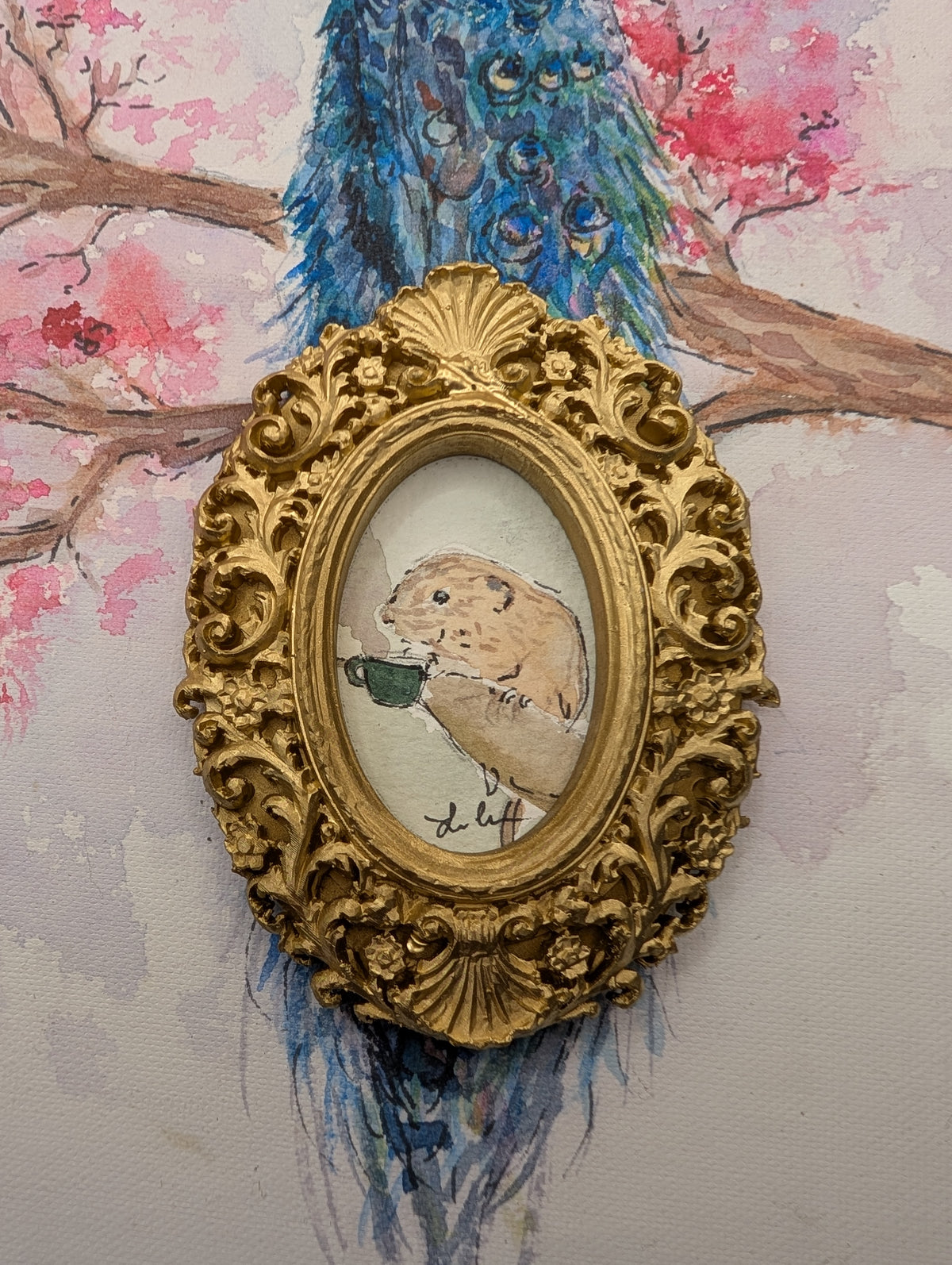 Mini Harvest Mouse with Coffee Painting - Original Watercolor Art by Lora Cavallin