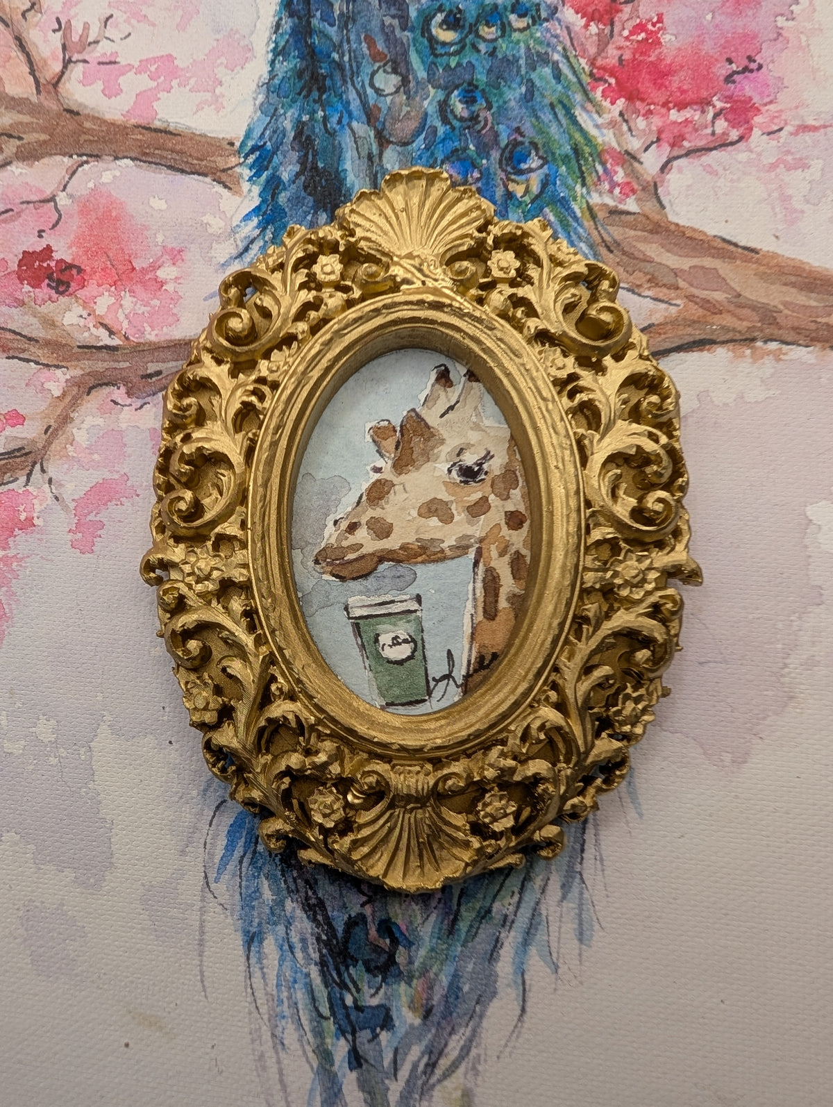 Mini Giraffe with Coffee Painting - Original Watercolor Art by Lora Cavallin