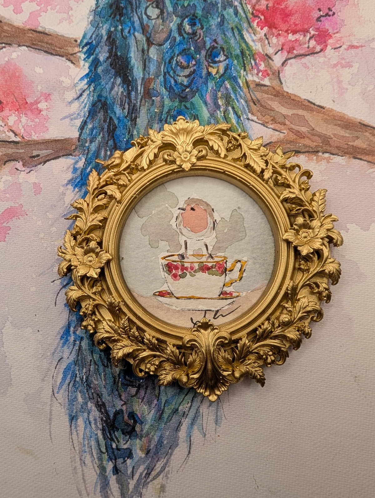 Mini Robin Bird on Teacup Painting - Original Watercolor Art by Lora Cavallin
