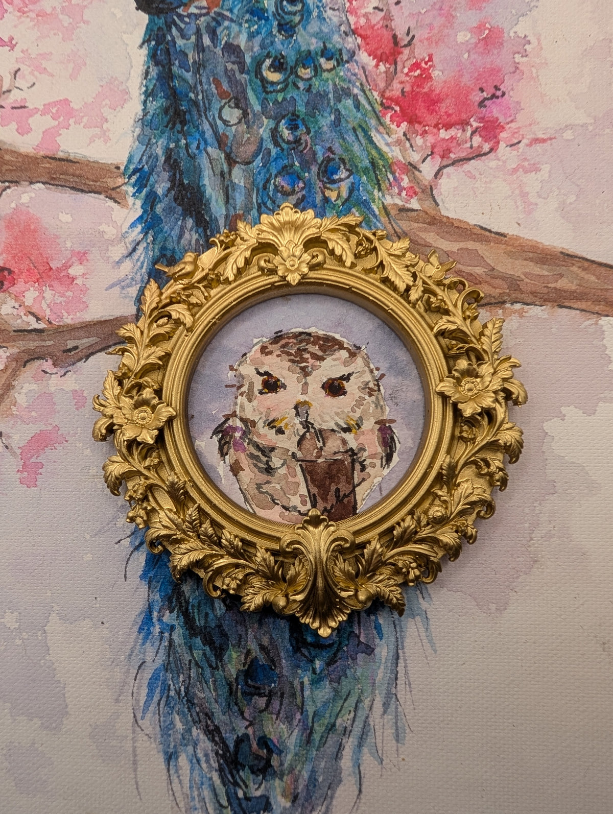 Mini Owl with Frozen Coffee Painting - Original Watercolor Art by Lora Cavallin