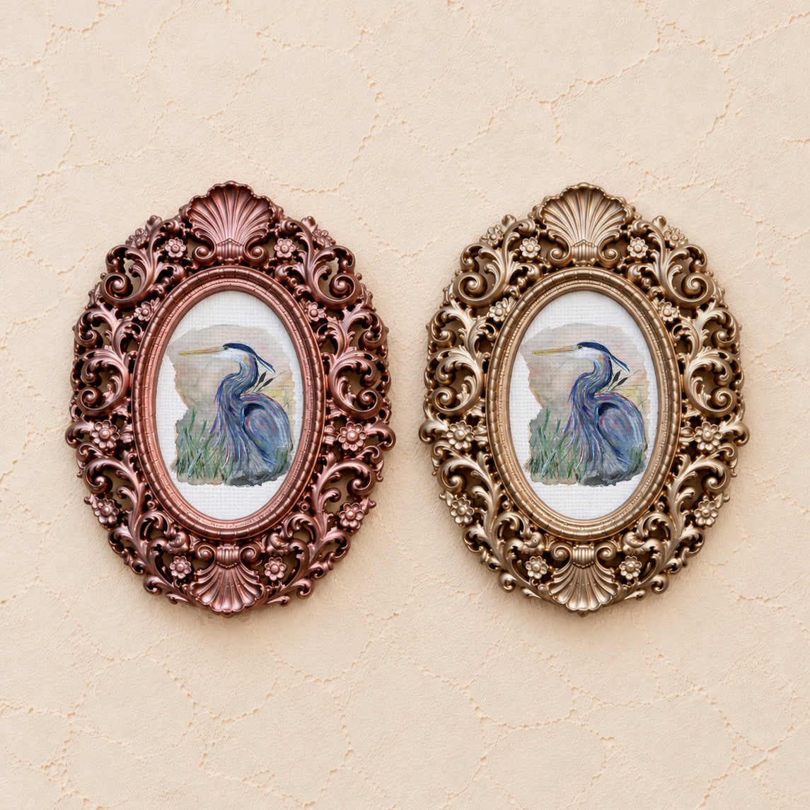 Blue Heron Portrait, gold and rose gold side by side