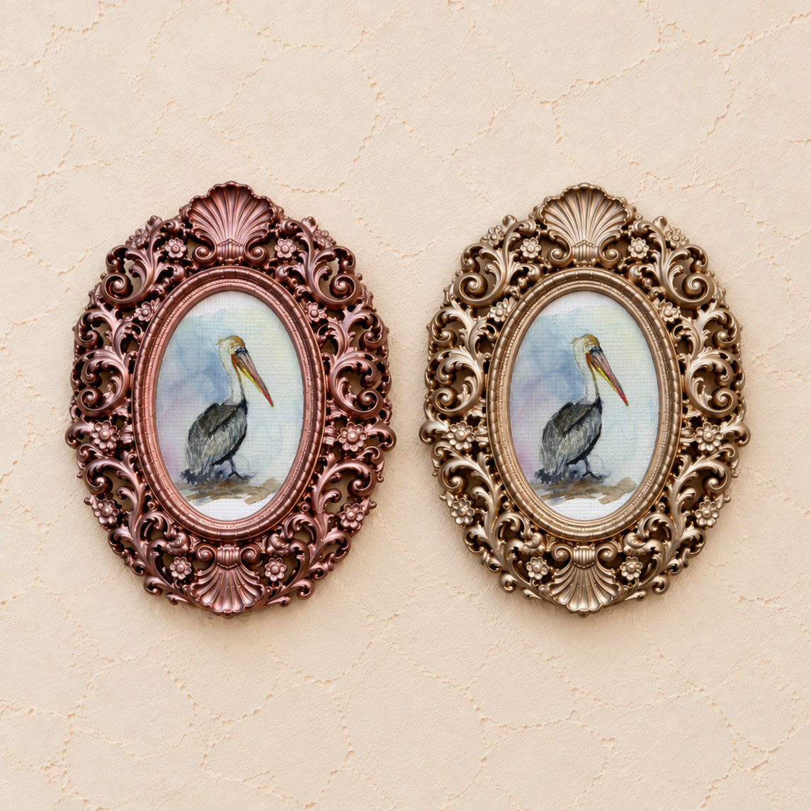 Brown Pelican, gold and rose gold side by side