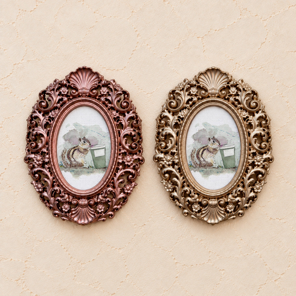 Chipmunk on a Coffee Break, gold and rose gold side by side
