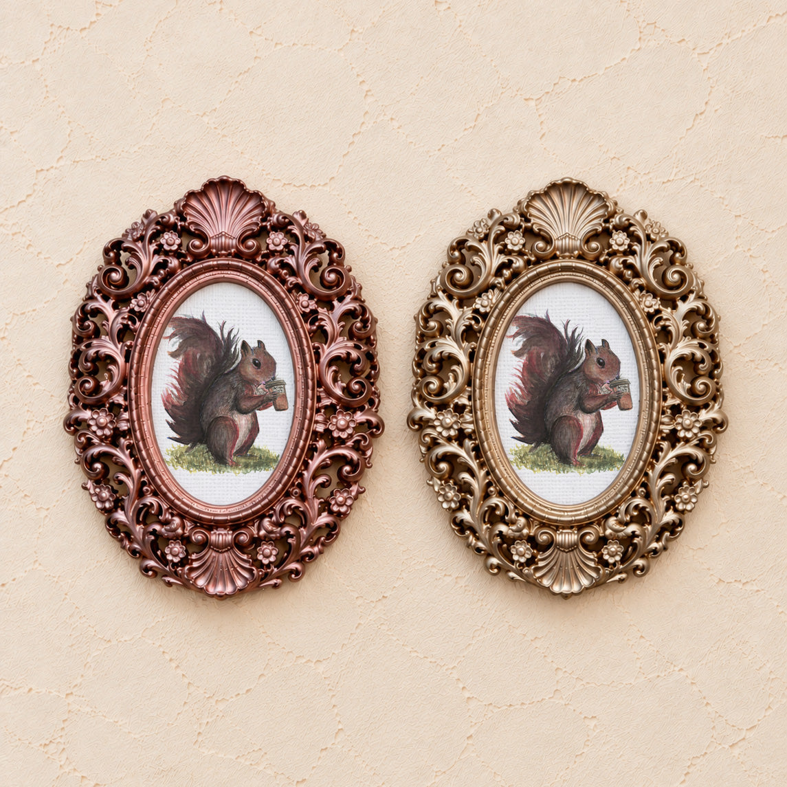 Coffee Drinking Squirrel, gold and rose gold side by side