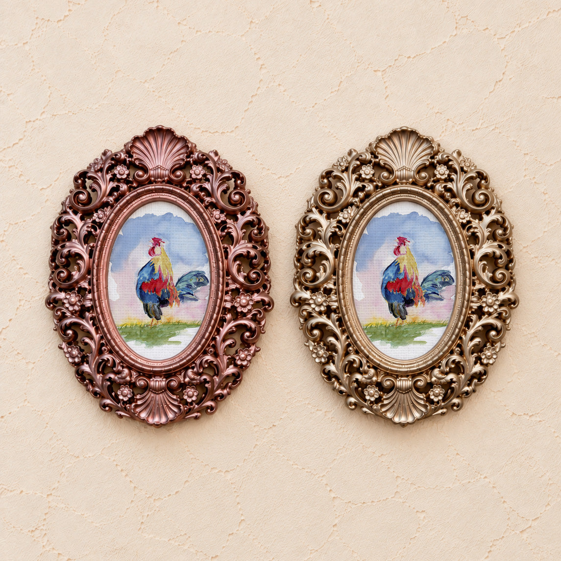 Colorful Rooster, gold and rose gold side by side