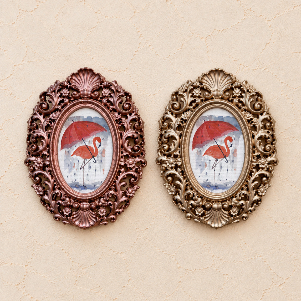 Flamingo and Umbrella, gold and rose gold side by side