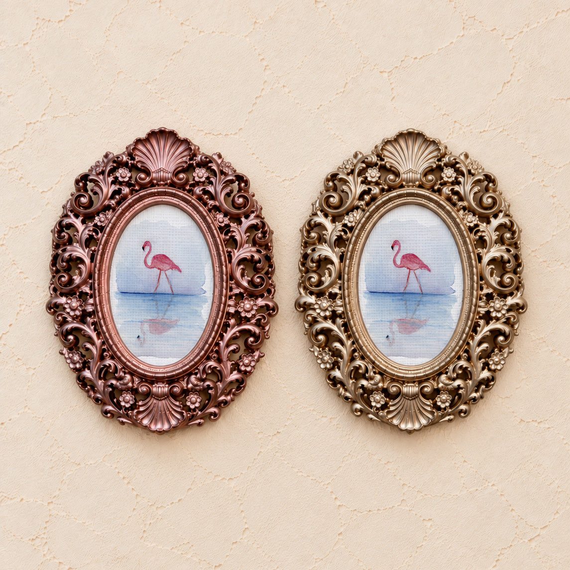 Flamingo's Reflection, gold and rose gold side by side