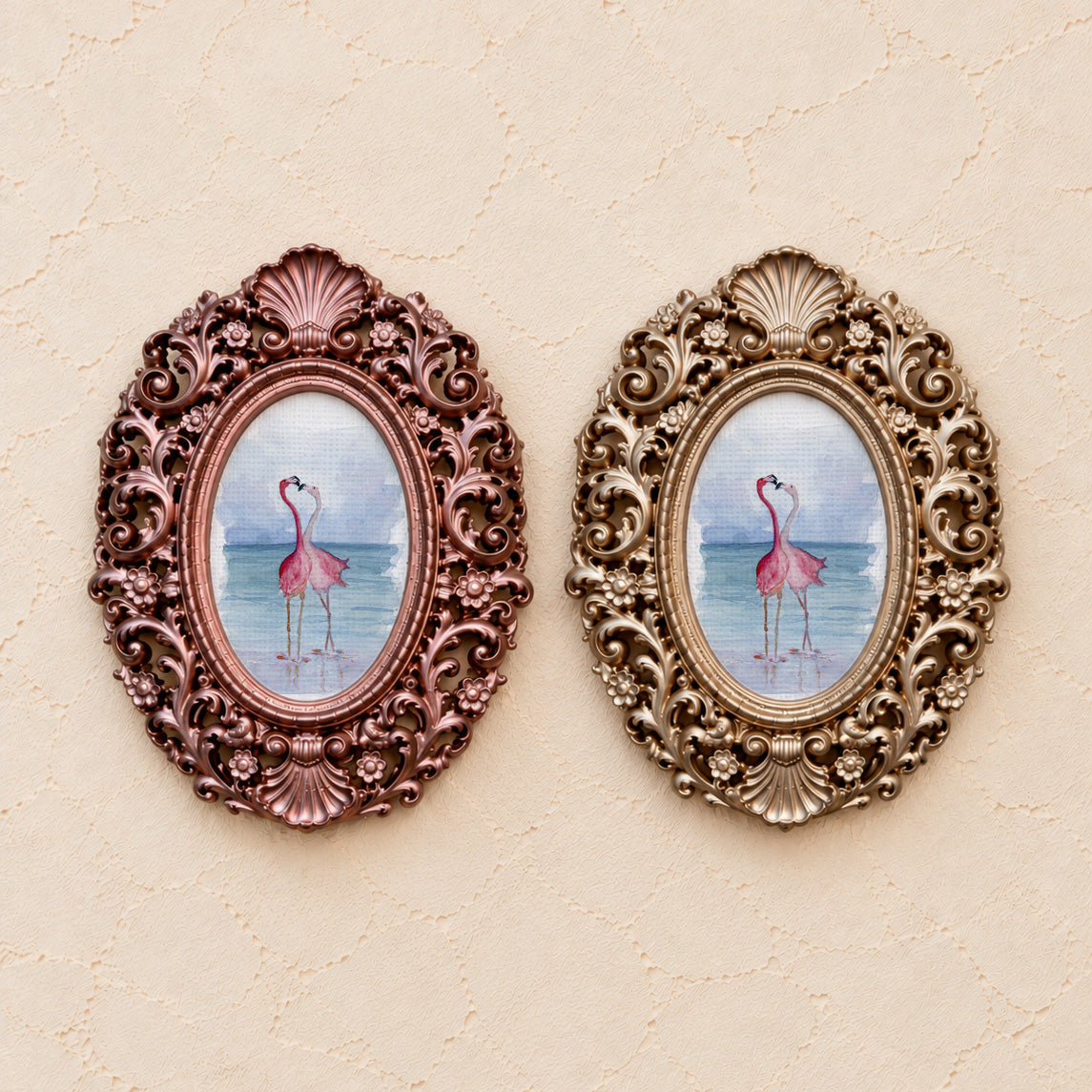 Flamingos in Love, gold and rose gold side by side