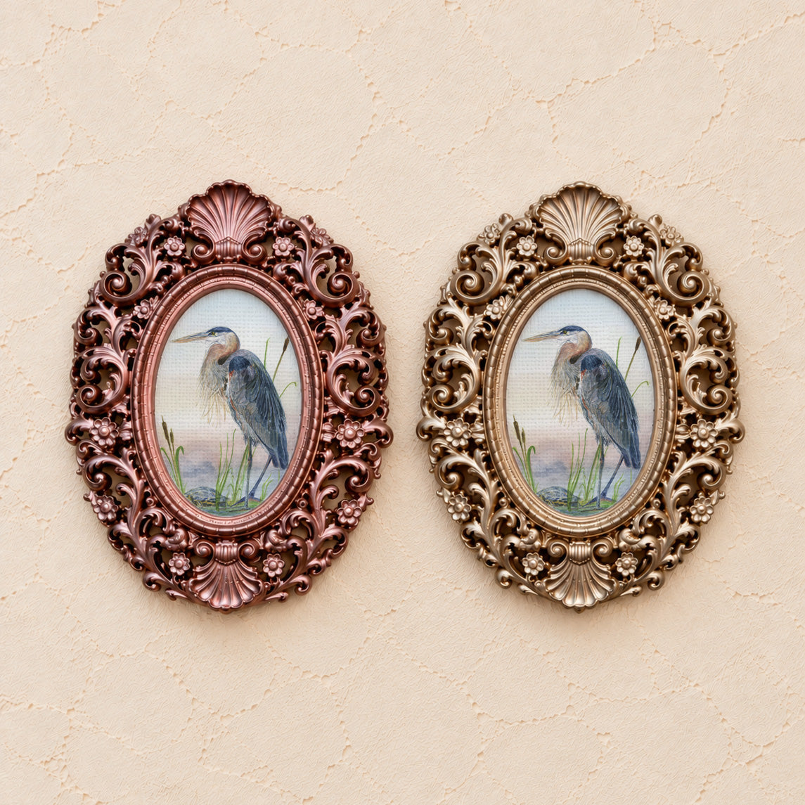 Heron and a Turtle, gold and rose gold side by side