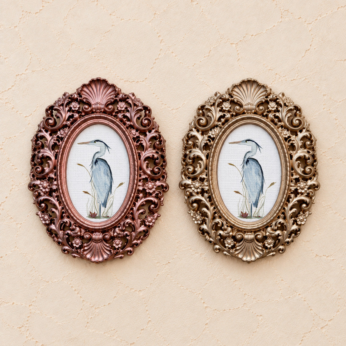 Heron in Cattails, gold and rose gold side by side