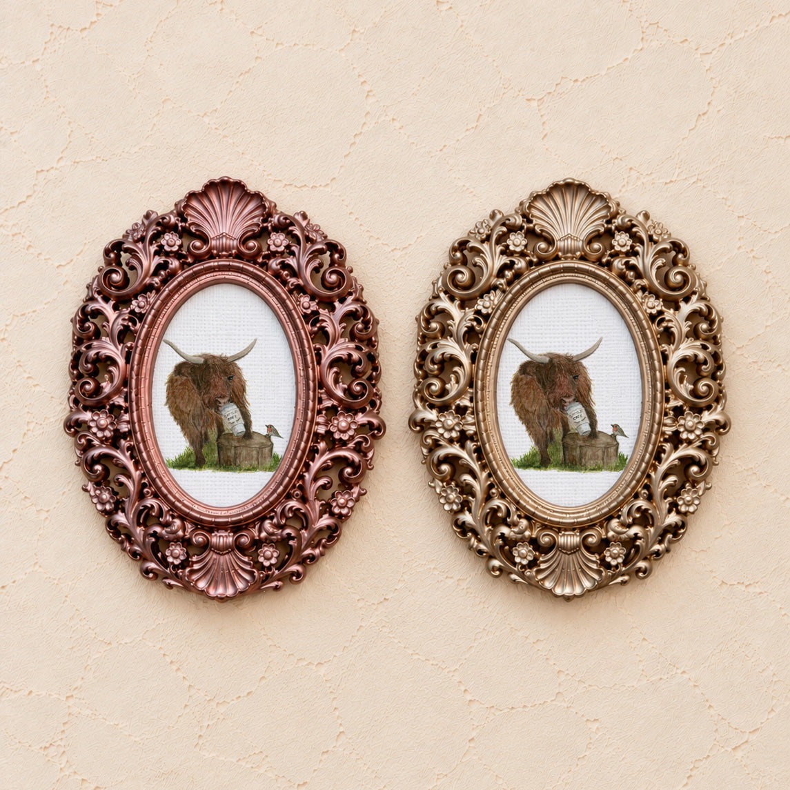 Highland Cow with Coffee, gold and rose gold side by side