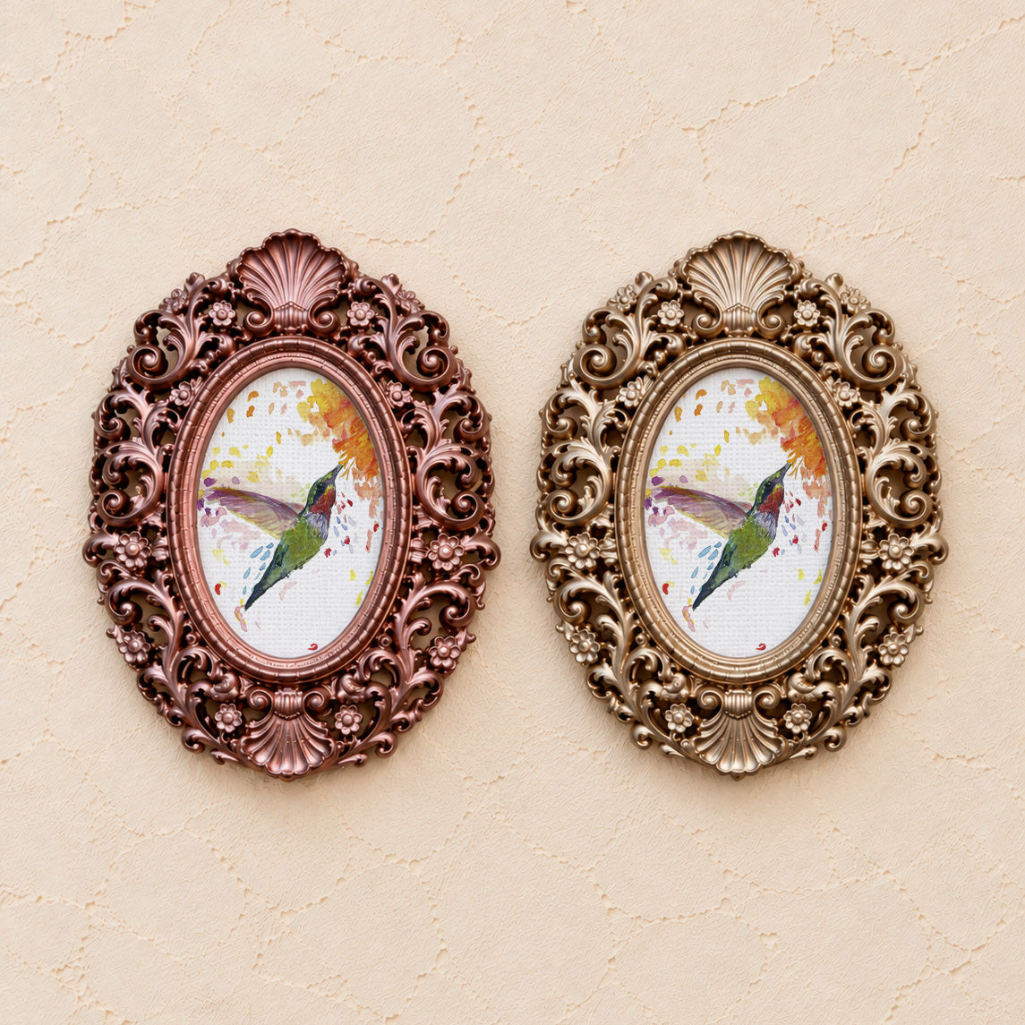 Hummingbird in Color, gold and rose gold side by side