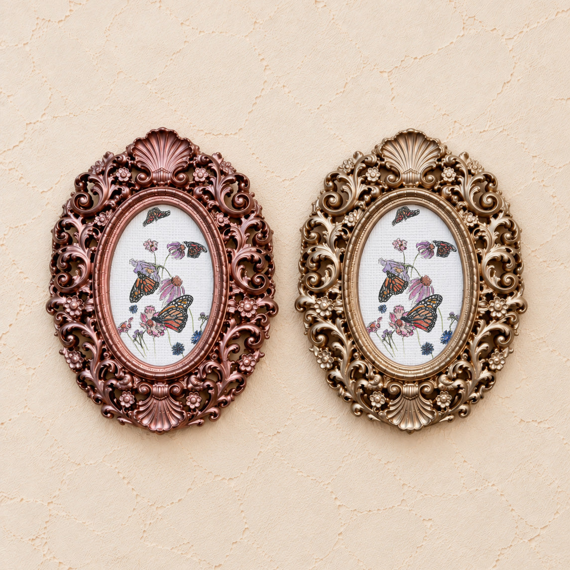 Monarchs and Coneflowers, gold and rose gold side by side