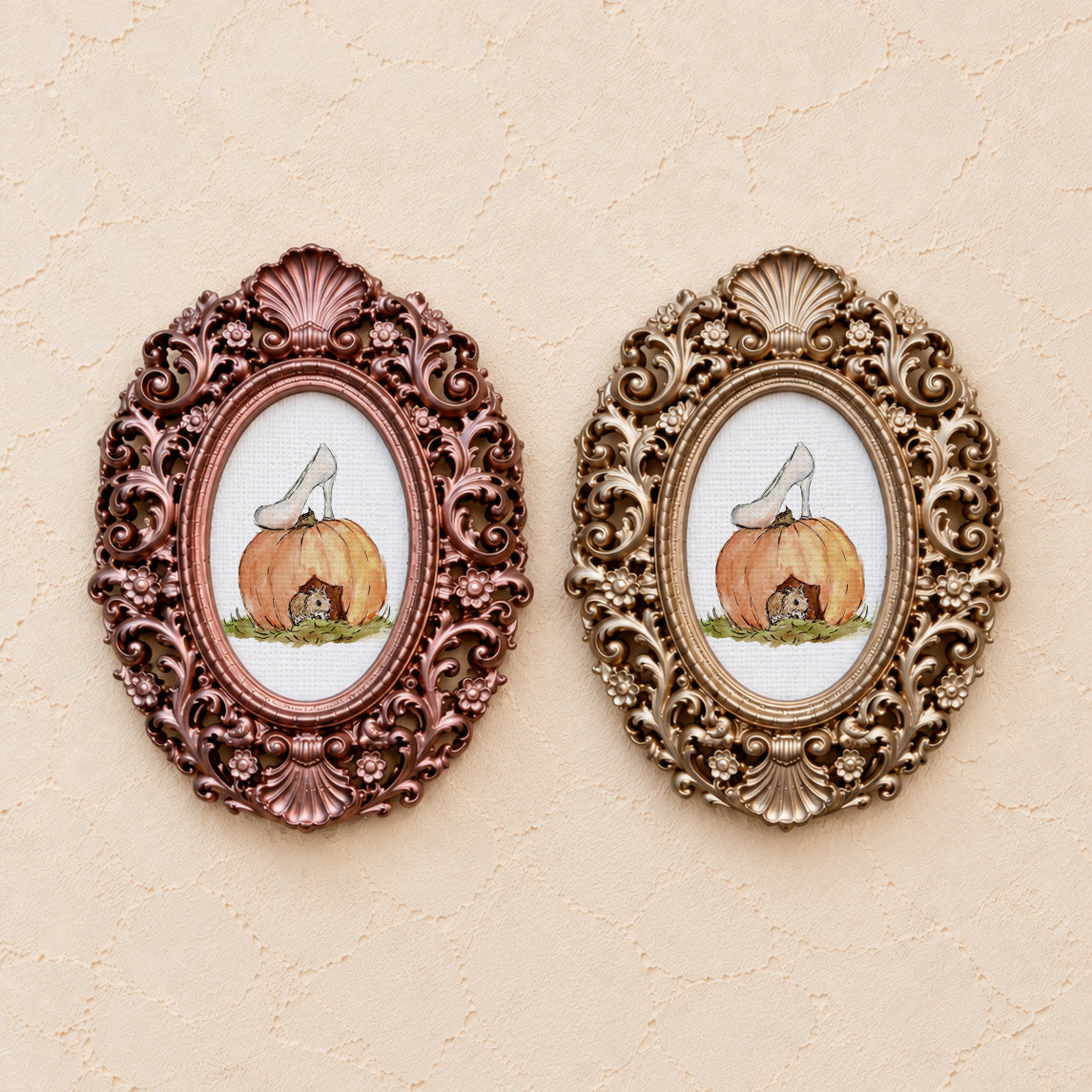 Mouse Pumpkin House, gold and rose gold side by side