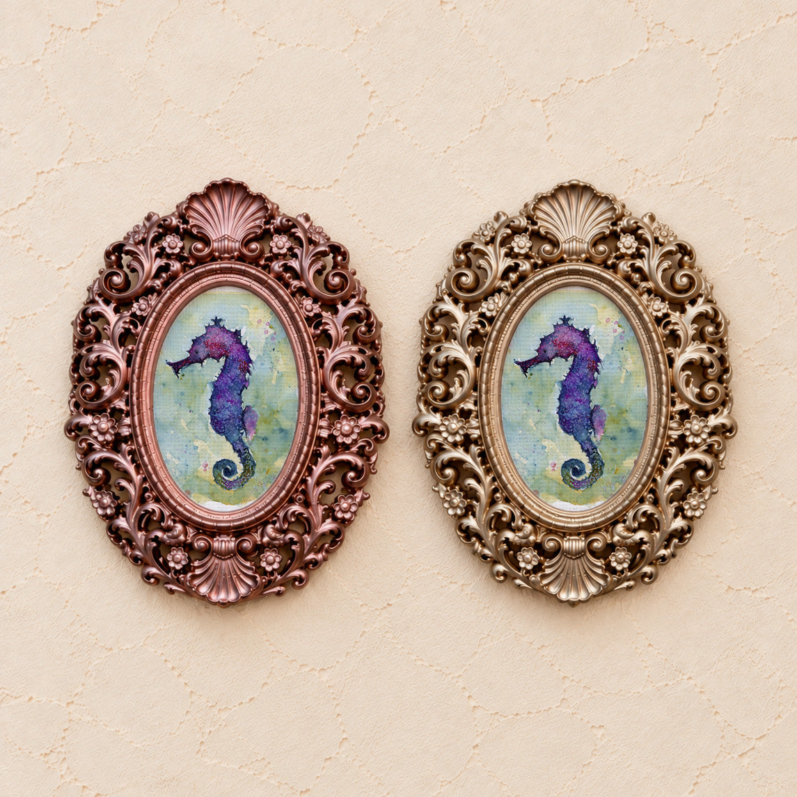 Purple Seahorse, gold and rose gold side by side