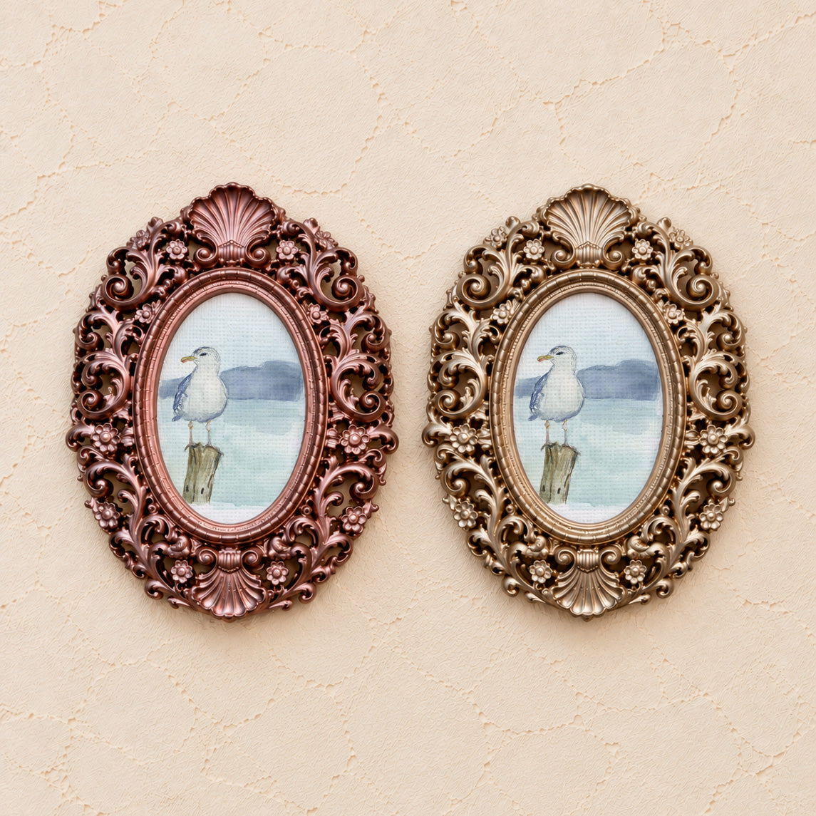 Seagull on a Post, gold and rose gold side by side
