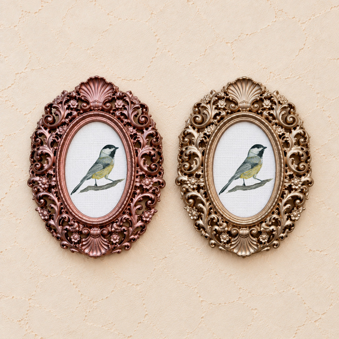 Yellow-Bellied Songbird, gold and rose gold side by side