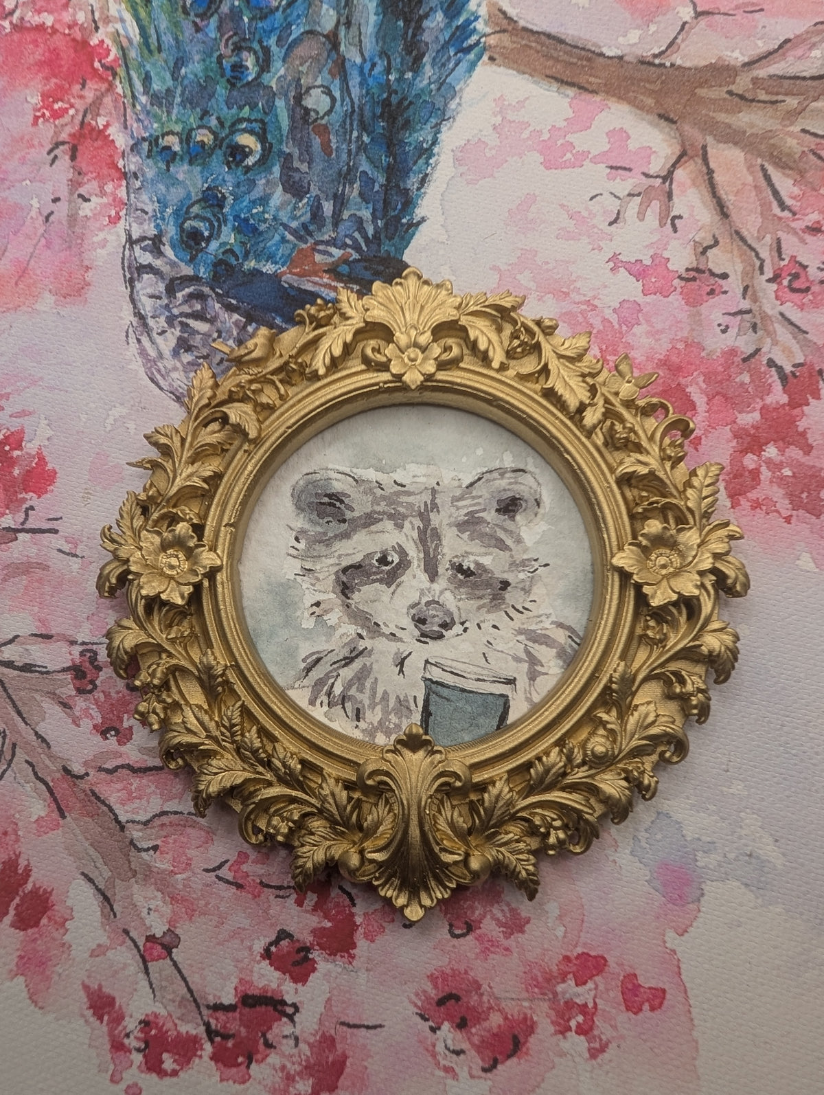 Mini Raccoon with Coffee Painting - Original Watercolor Art by Lora Cavallin