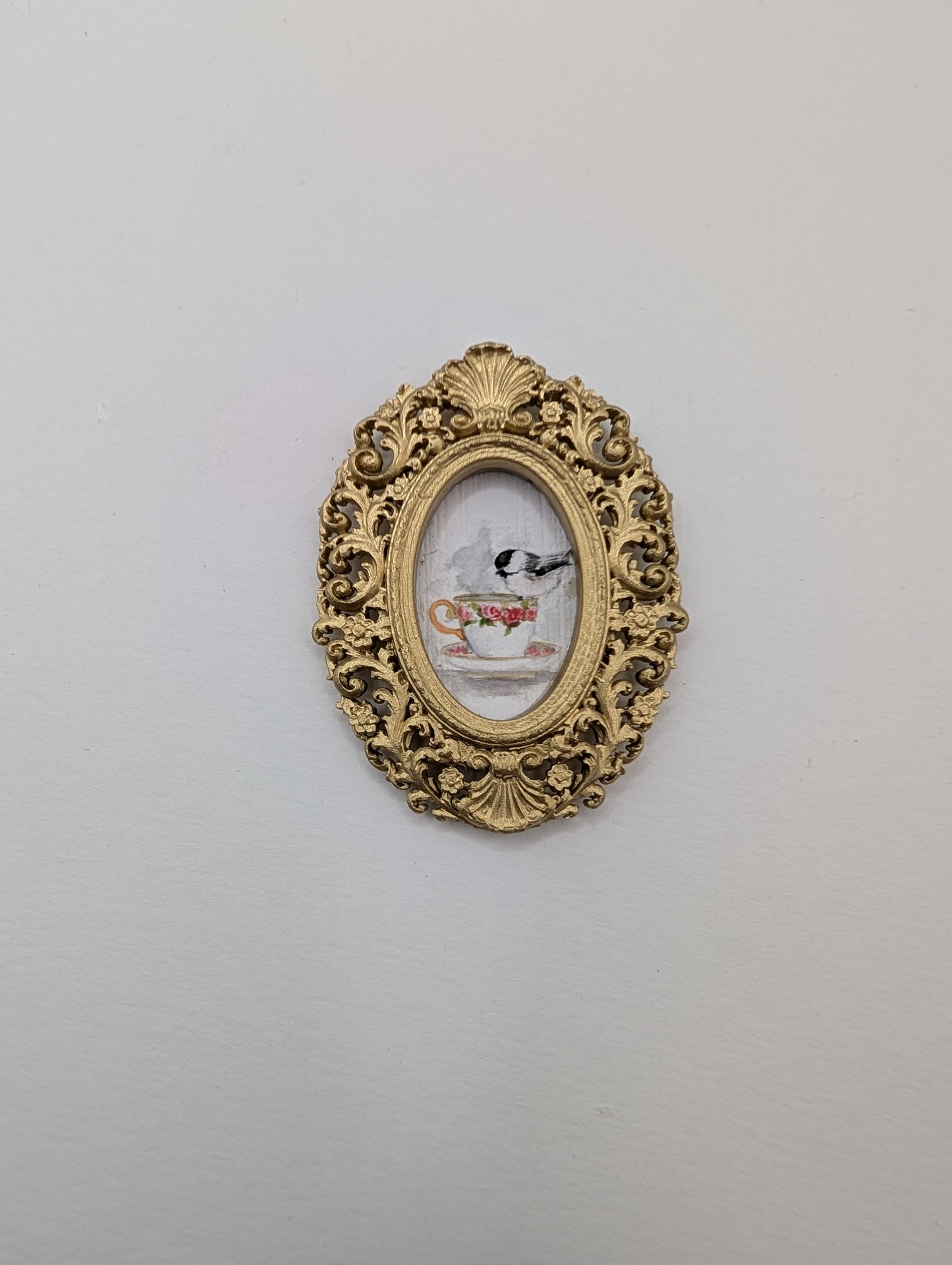 Tiny Chickadee Bird on Teacup Watercolor Art Print - Dollhouse Size - With Gold Frame