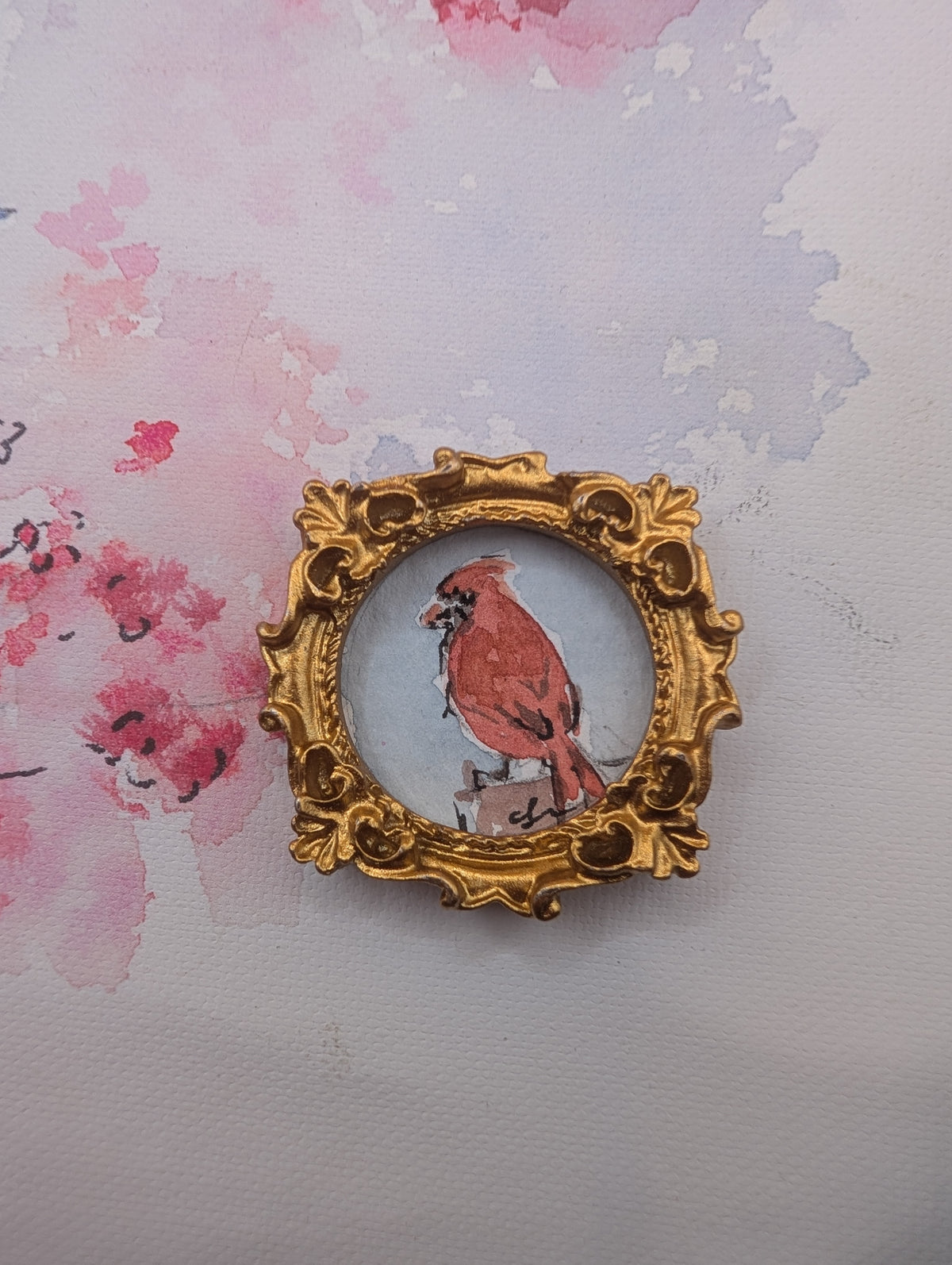 Mini Cardinal Bird Painting - Original Watercolor Art by Lora Cavallin