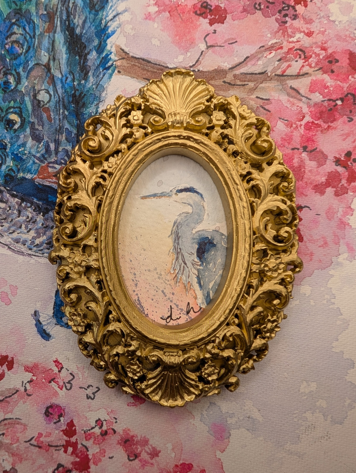 Mini Blue Heron Painting - Original Watercolor Art by Lora Cavallin