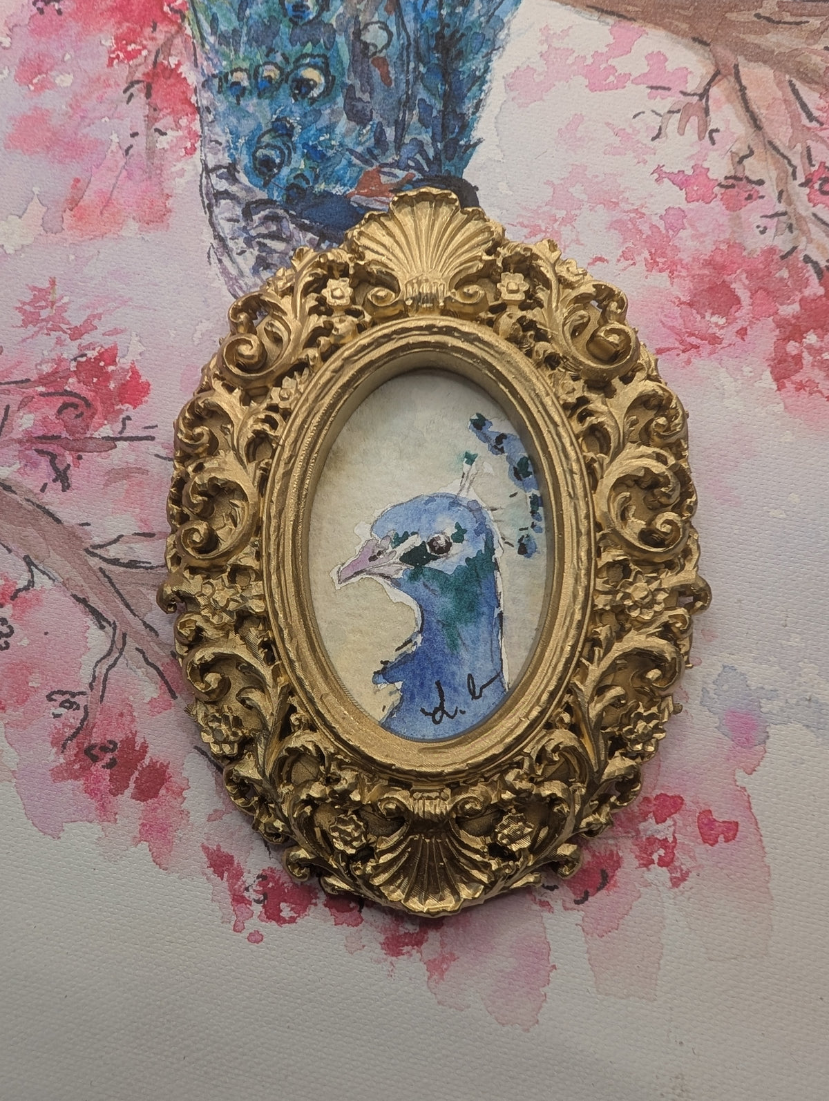 Mini Peacock Painting - Original Watercolor Art by Lora Cavallin