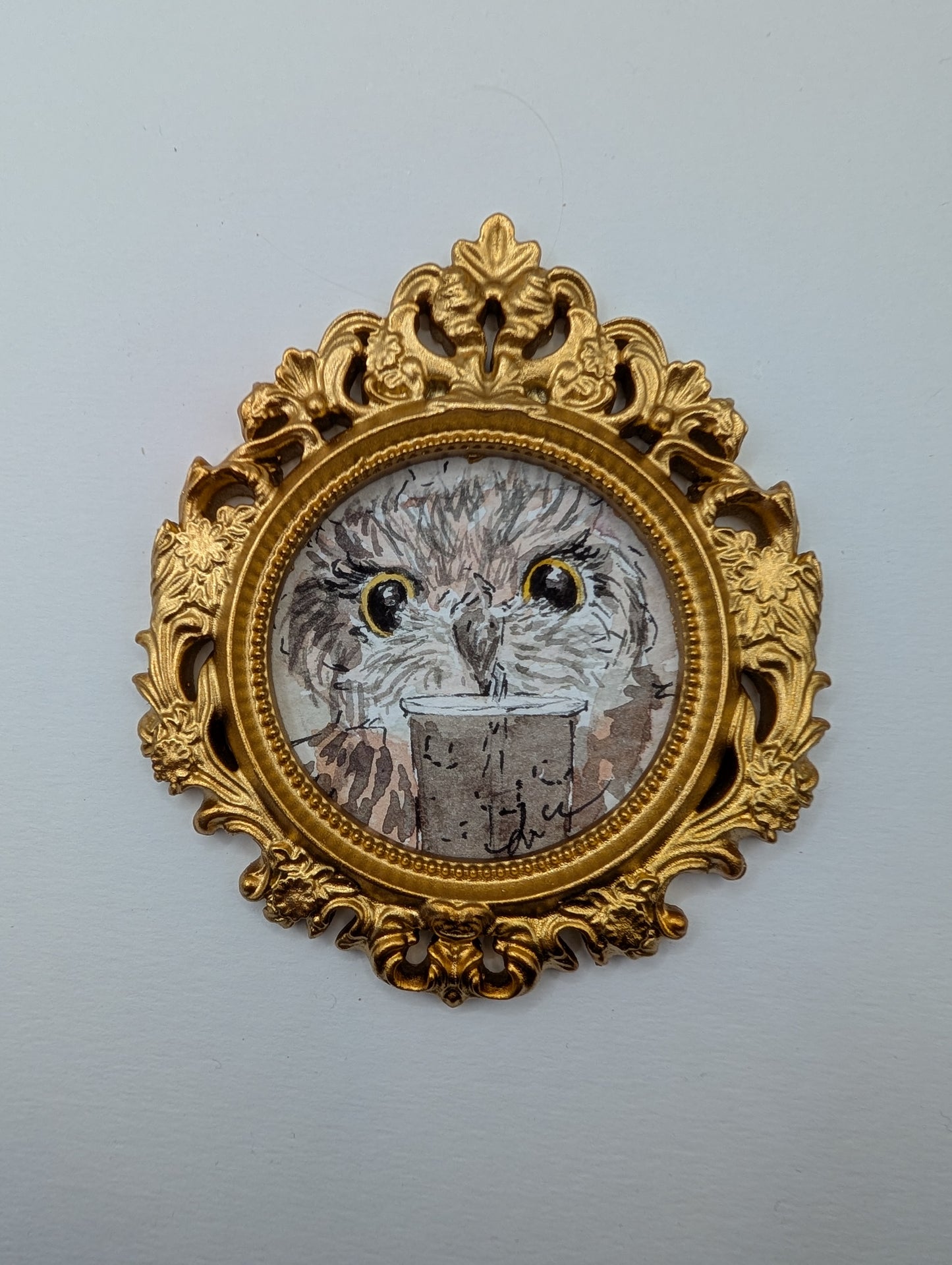 Mini Owl with Iced Drink Painting - Original Watercolor Art by Lora Cavallin