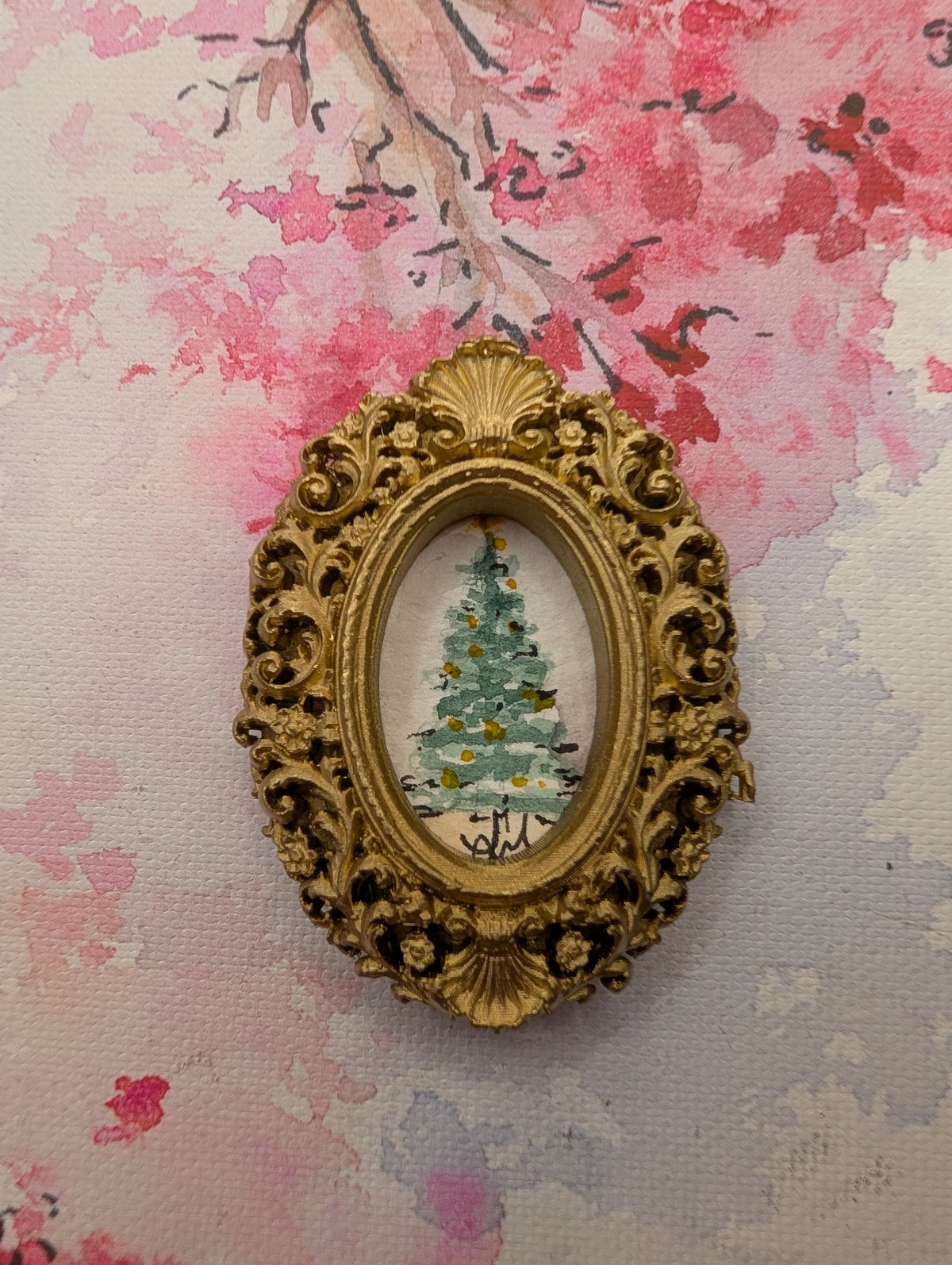 Mini Christmas Tree Painting - Original Watercolor Art by Lora Cavallin