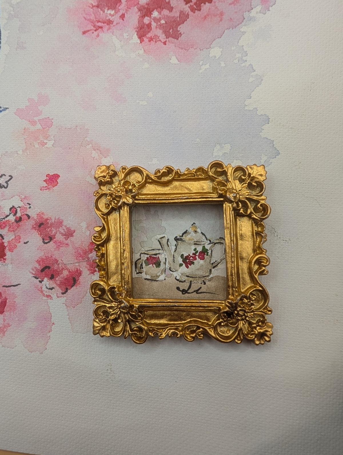 Mini Teapot and Teacup Painting - Original Watercolor Art by Lora Cavallin