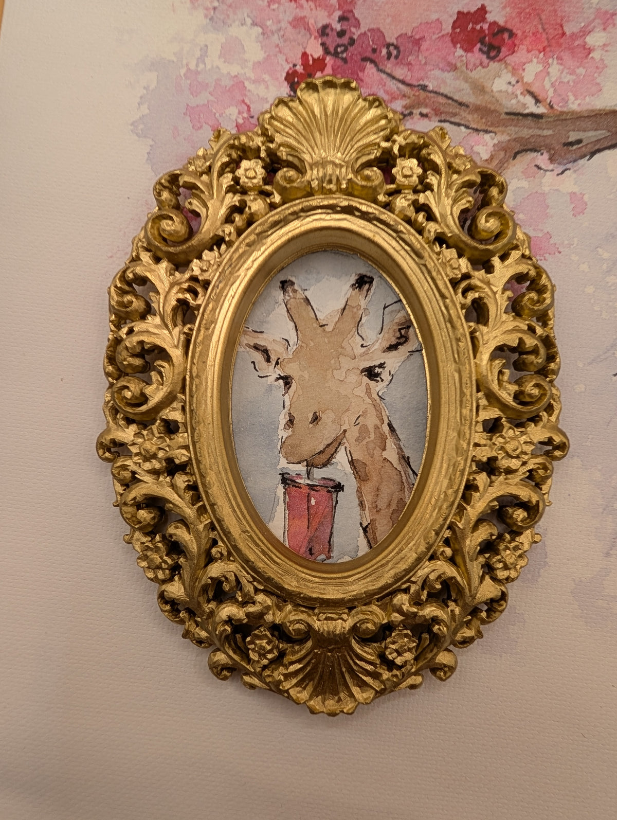 Mini Giraffe with Iced Drink Painting - Original Watercolor Art by Lora Cavallin
