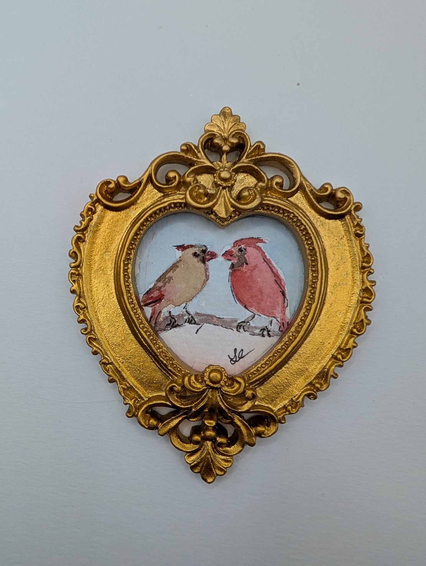 Mini Male and Female Cardinal Birds Painting - Original Watercolor Art by Lora Cavallin