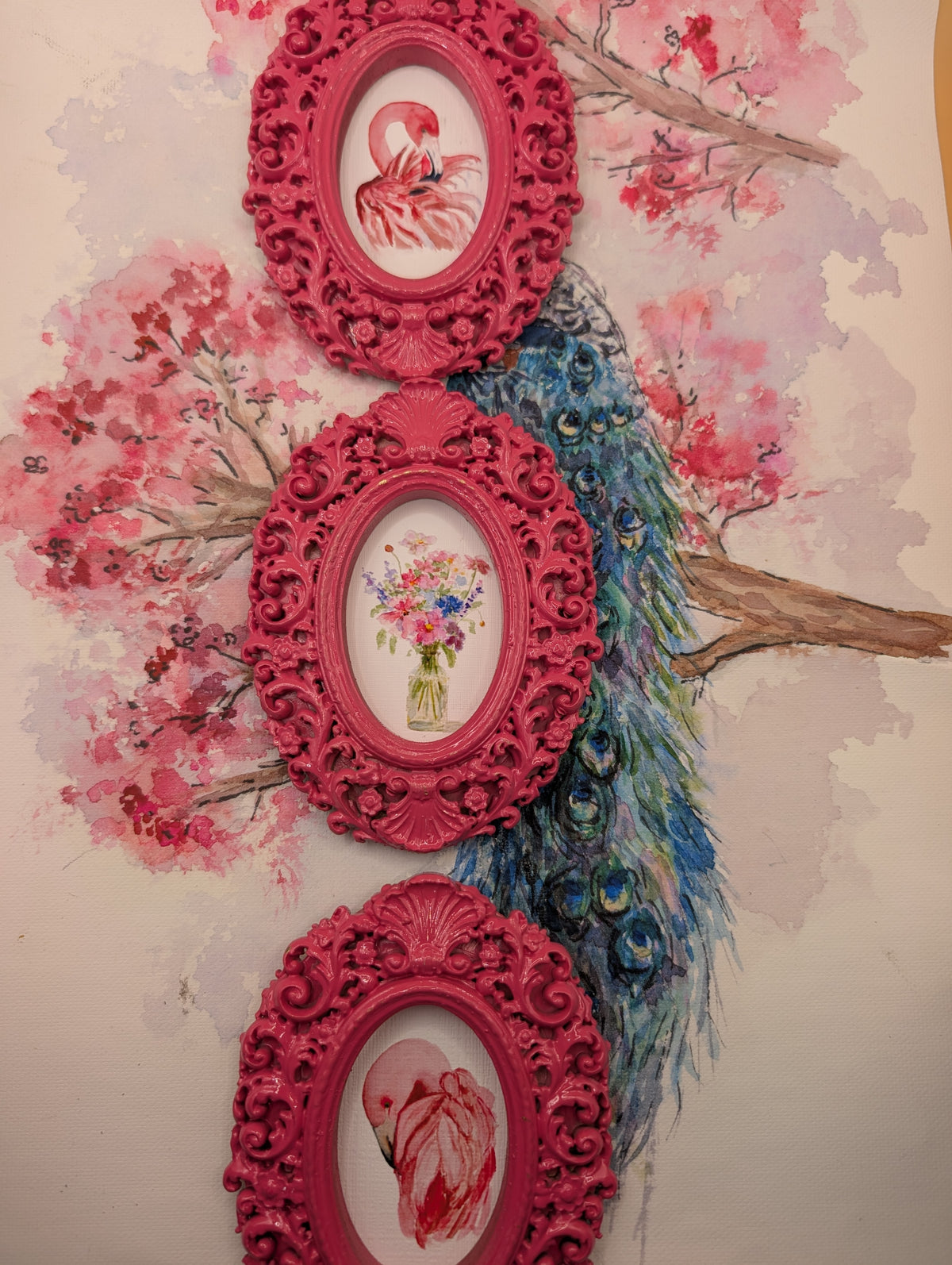 Flamingos and Flowers Art Print Set of Three - With Pink Frames - Watercolor Design