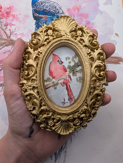 Mini Cardinal Bird Painting - Original Watercolor Art by Lora Cavallin