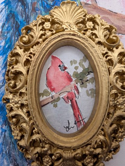 Mini Cardinal Bird Painting - Original Watercolor Art by Lora Cavallin