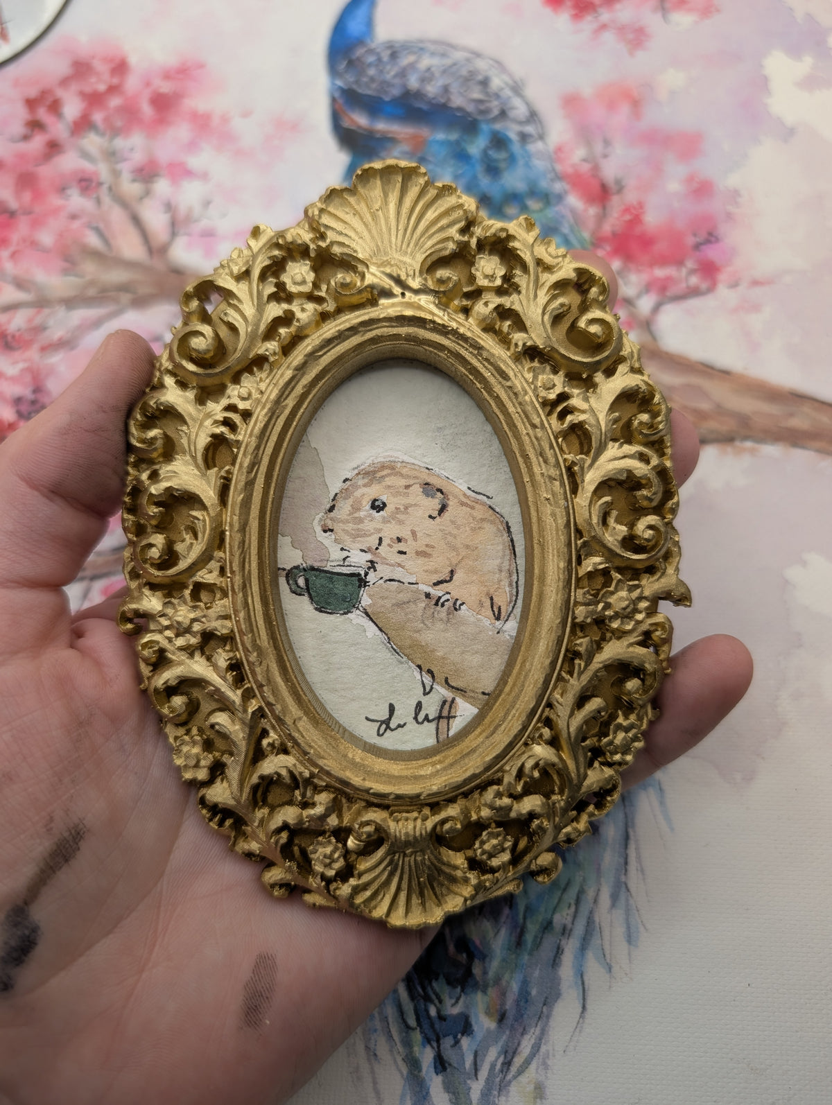 Mini Harvest Mouse with Coffee Painting - Original Watercolor Art by Lora Cavallin