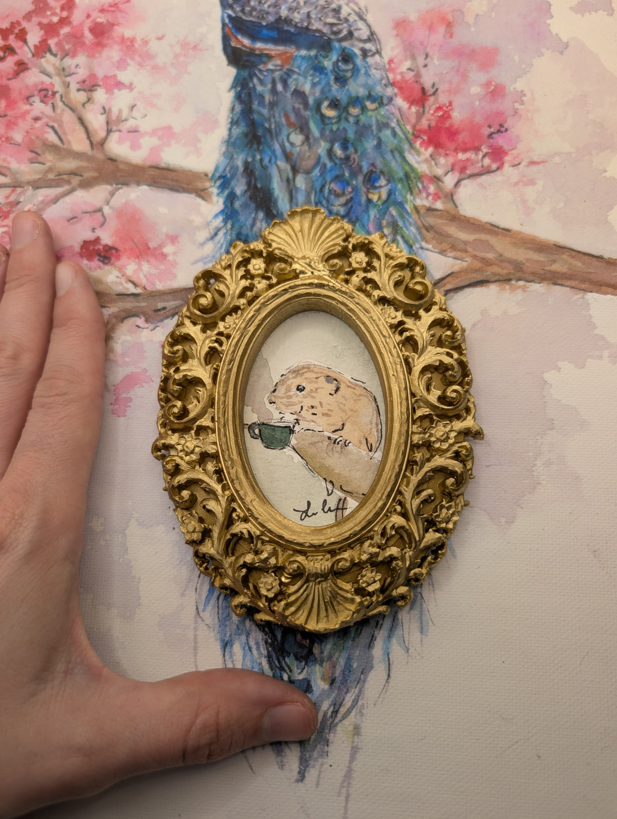 Mini Harvest Mouse with Coffee Painting - Original Watercolor Art by Lora Cavallin