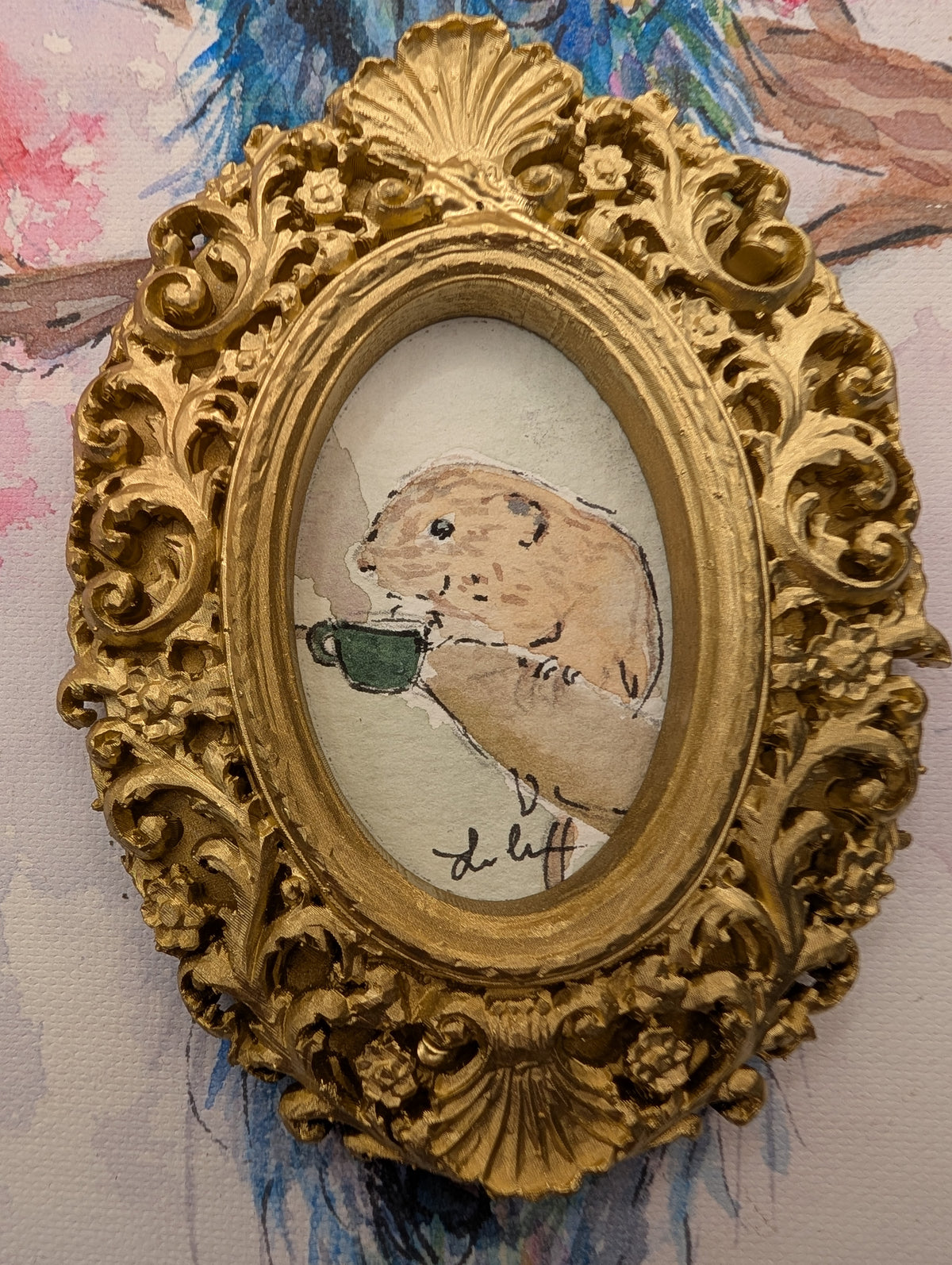 Mini Harvest Mouse with Coffee Painting - Original Watercolor Art by Lora Cavallin