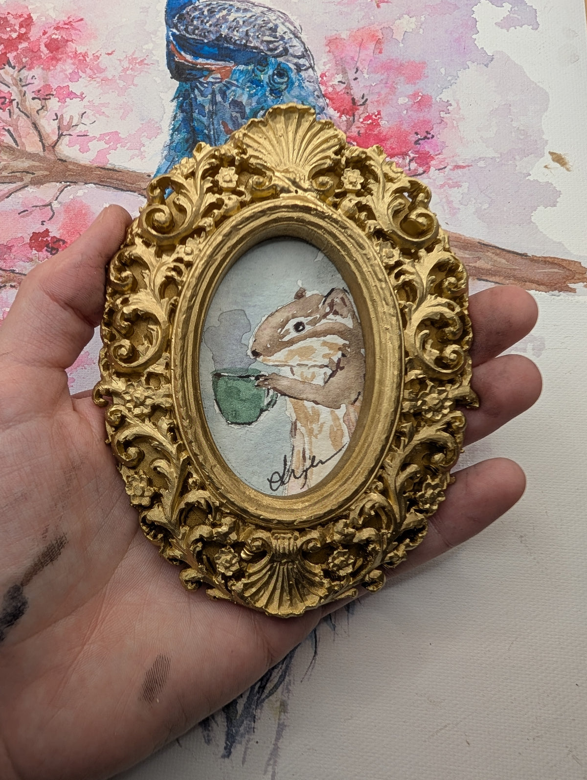 Mini Chipmunk with Coffee Painting - Original Watercolor Art by Lora Cavallin