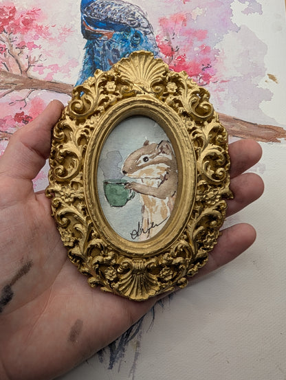 Mini Chipmunk with Coffee Painting - Original Watercolor Art by Lora Cavallin