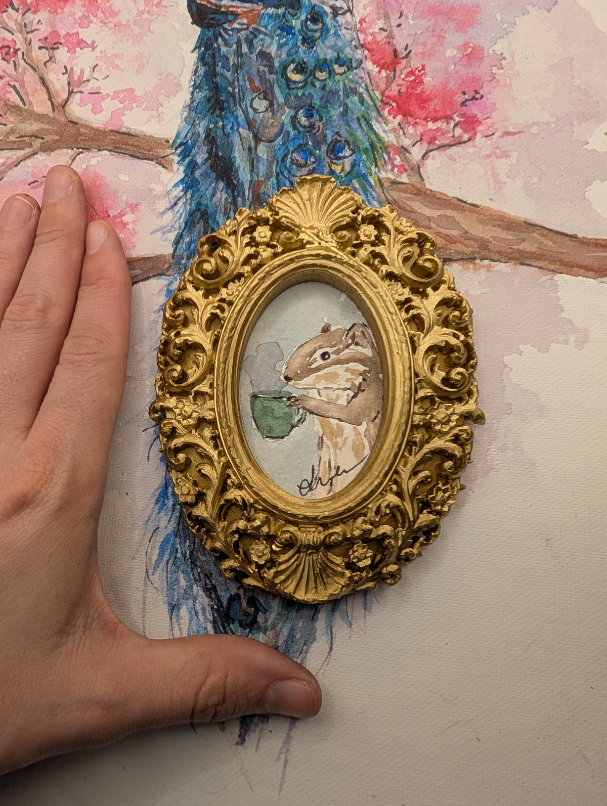 Mini Chipmunk with Coffee Painting - Original Watercolor Art by Lora Cavallin