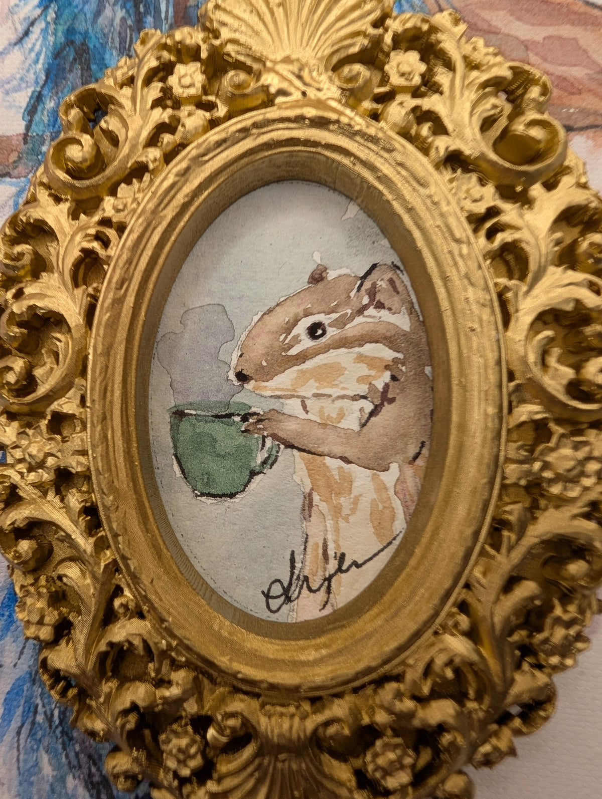 Mini Chipmunk with Coffee Painting - Original Watercolor Art by Lora Cavallin