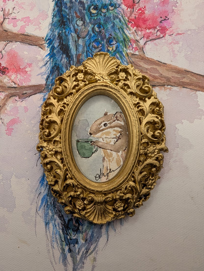 Mini Chipmunk with Coffee Painting - Original Watercolor Art by Lora Cavallin