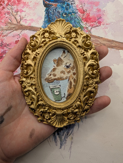 Mini Giraffe with Coffee Painting - Original Watercolor Art by Lora Cavallin