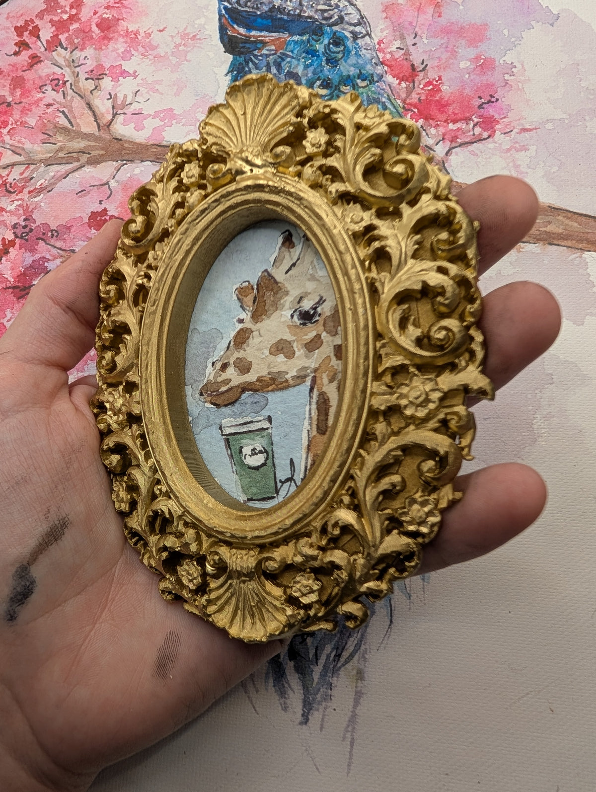Mini Giraffe with Coffee Painting - Original Watercolor Art by Lora Cavallin