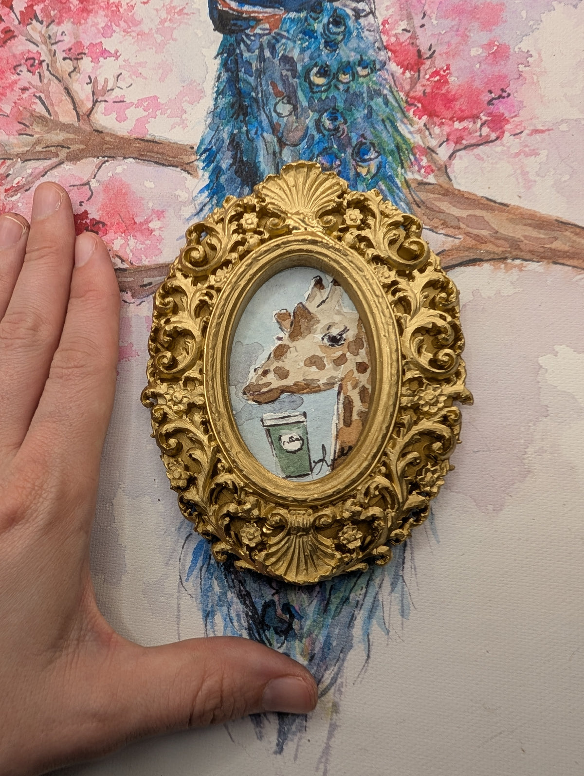 Mini Giraffe with Coffee Painting - Original Watercolor Art by Lora Cavallin