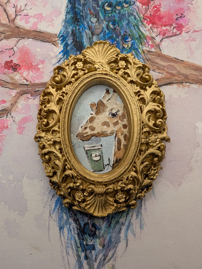 Mini Giraffe with Coffee Painting - Original Watercolor Art by Lora Cavallin