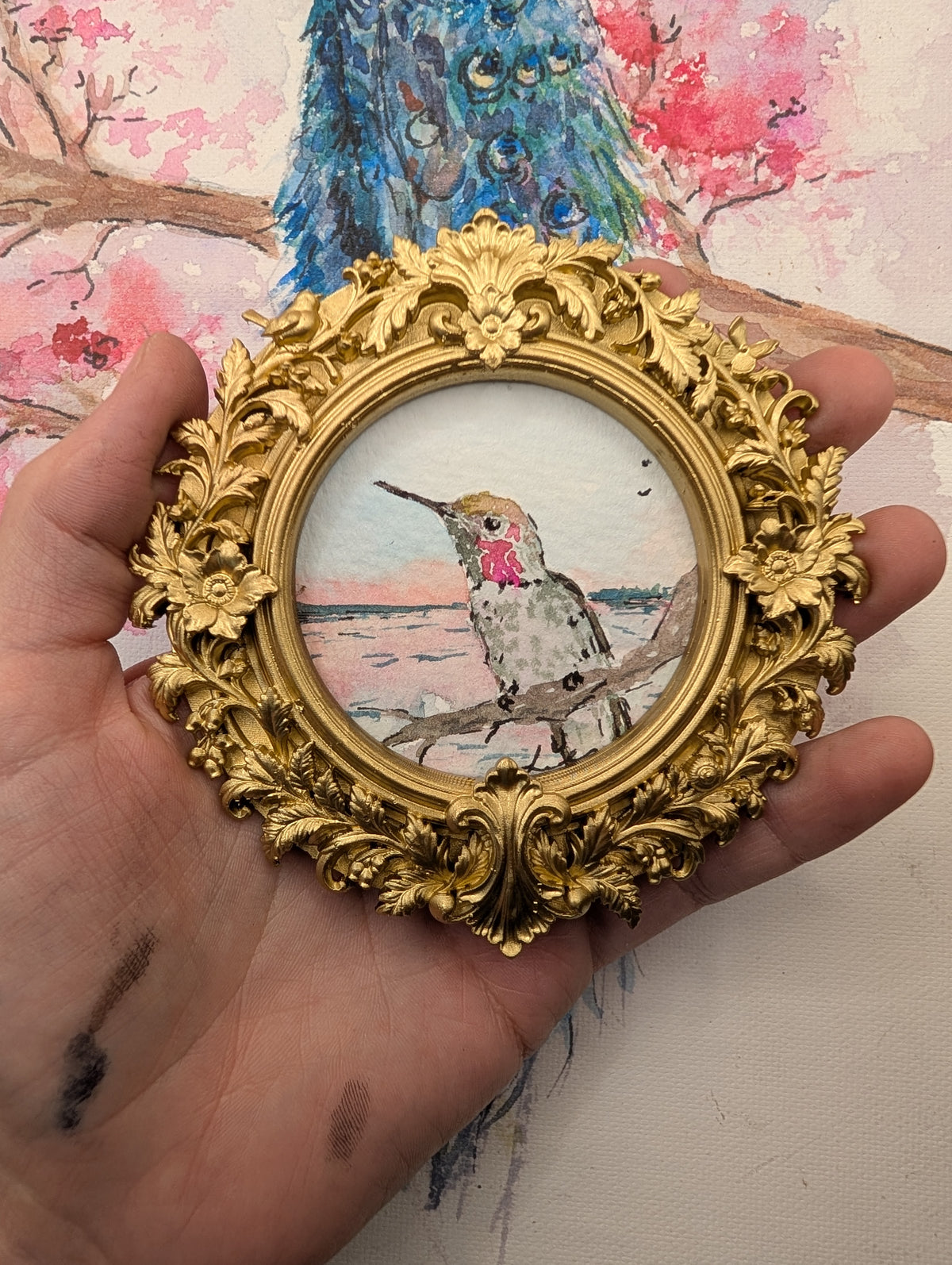 Mini Hummingbird Painting - Original Watercolor Art by Lora Cavallin