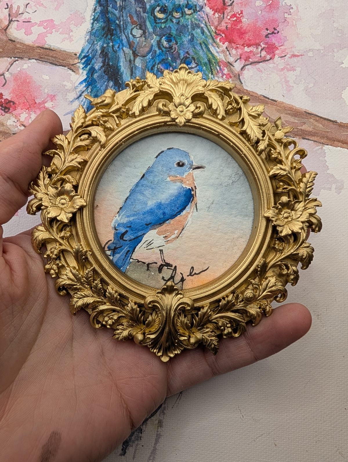Mini Bluebird Painting - Original Watercolor Art by Lora Cavallin