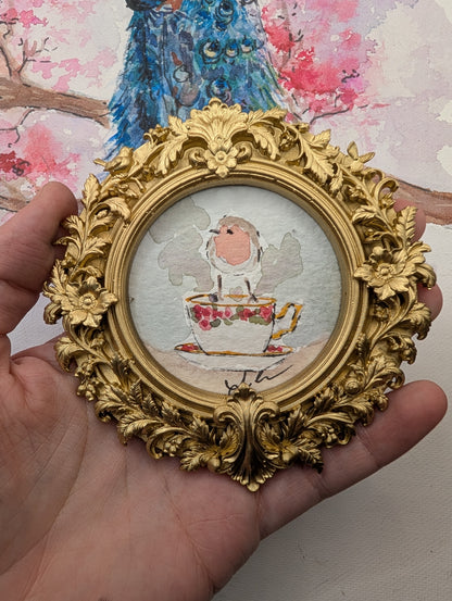 Mini Robin Bird on Teacup Painting - Original Watercolor Art by Lora Cavallin