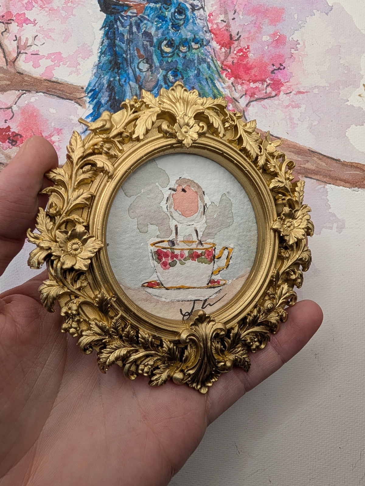 Mini Robin Bird on Teacup Painting - Original Watercolor Art by Lora Cavallin